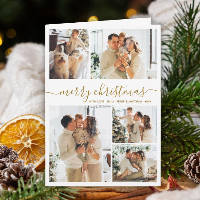 Cartes Pour Fêtes Annuelles Elegant Gold White 5 Photo Collage Christmas  (Créateur téléchargé)