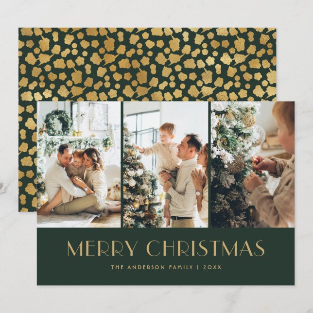 Cartes Pour Fêtes Annuelles Élégant Green et Gold Foil Stars Photo Noël (Devant / Derrière)