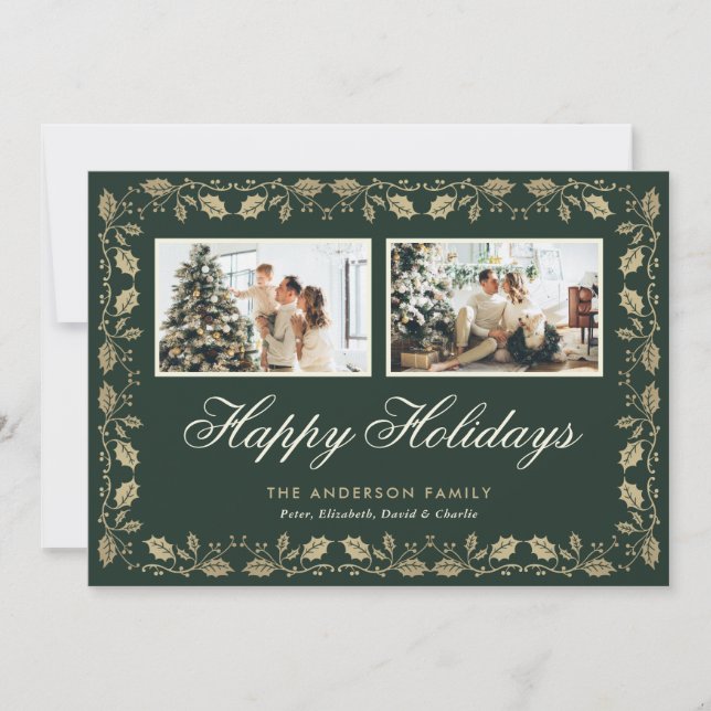Cartes Pour Fêtes Annuelles Elégant Green Gold Deux photo Happy Holidays Card (Devant)