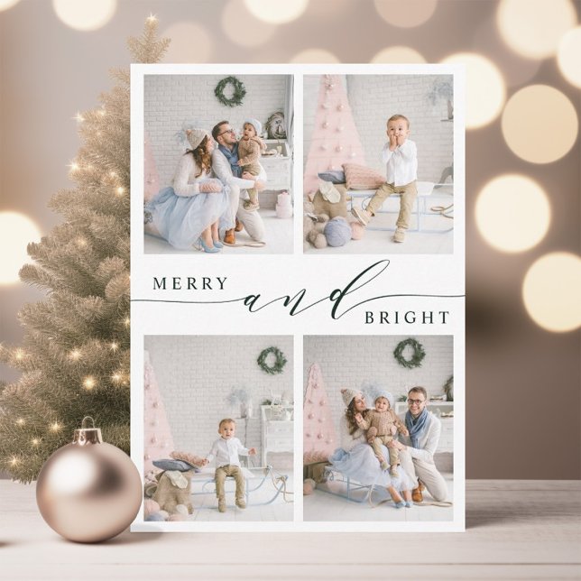 Cartes Pour Fêtes Annuelles Elégant Green Merry & Bright 4 Photo Collage (Créateur téléchargé)