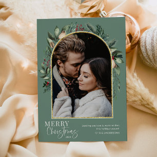 Cartes Pour Fêtes Annuelles Elegant Greenery Gold Arch Joyeux Noël Photo