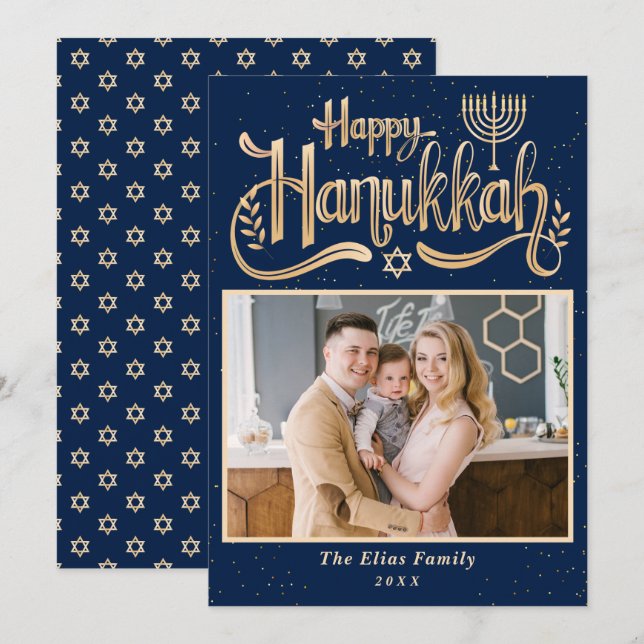 Cartes Pour Fêtes Annuelles Elegant Happy Hanoukka Navy Blue and Gold Photo (Devant / Derrière)