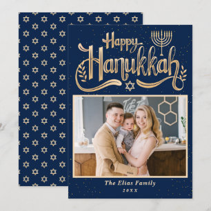 Cartes Pour Fêtes Annuelles Elegant Happy Hanoukka Navy Blue and Gold Photo