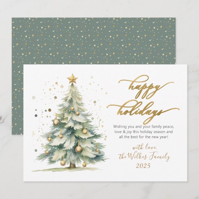 Cartes Pour Fêtes Annuelles Elegant Happy Holidays Gold Script Christmas Tree (Devant / Derrière)