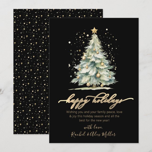 Cartes Pour Fêtes Annuelles Elégant Happy Holidays Gold Script Tree non photo (Devant / Derrière)