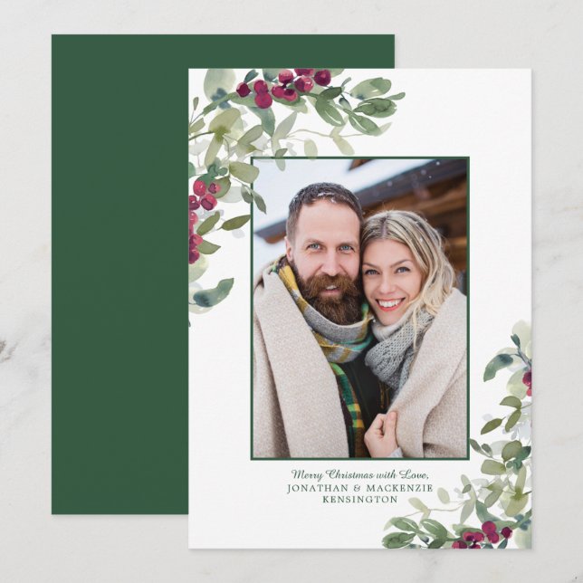 Cartes Pour Fêtes Annuelles Élégant hiver verdoyant Noël Photo de Noël (Devant / Derrière)