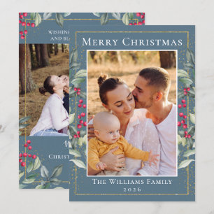 Cartes Pour Fêtes Annuelles Elegant Holly Berries Blue Grey Noël 2 Photo
