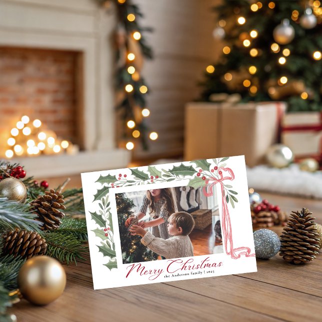 Cartes Pour Fêtes Annuelles Elegant Holly Berries | Family Photo Christmas (Créateur téléchargé)