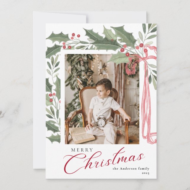 Cartes Pour Fêtes Annuelles Elegant Holly Berries | Family Photo Christmas (Devant)