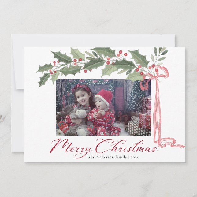 Cartes Pour Fêtes Annuelles Elegant Holly Berries Foliage | Photo Christmas (Devant)