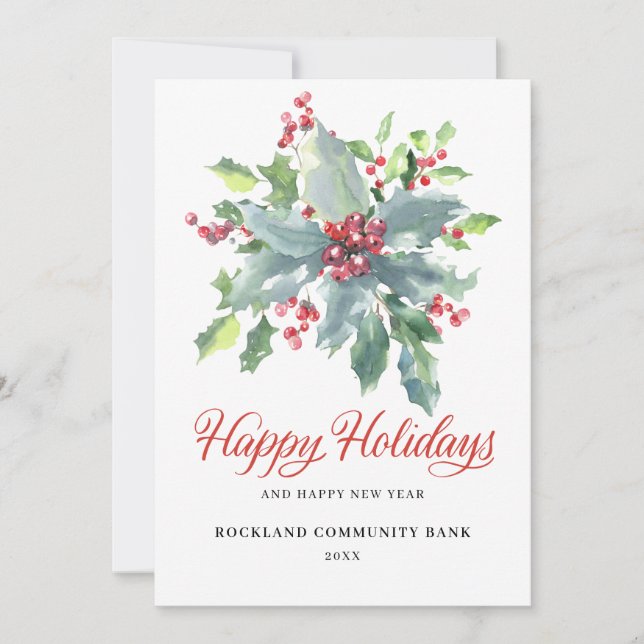 Cartes Pour Fêtes Annuelles Elegant Holly Berries Non-Photo 2024 Entreprise (Devant)