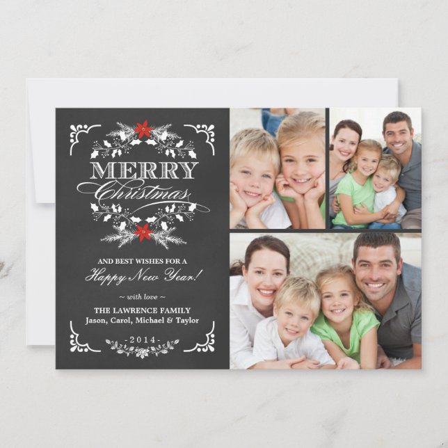 Cartes Pour Fêtes Annuelles Elegant Holly Chalkboard Noël 3-Photo Collage (Devant)