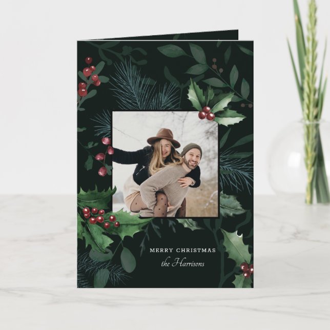 Cartes Pour Fêtes Annuelles Élégant Holly Noël Vert foncé Photo botanique (Devant)