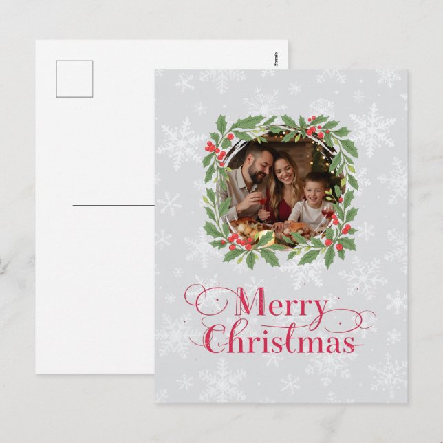 Cartes Pour Fêtes Annuelles Elegant Holly Wreath Merry Christmas Photo (Devant / Derrière)