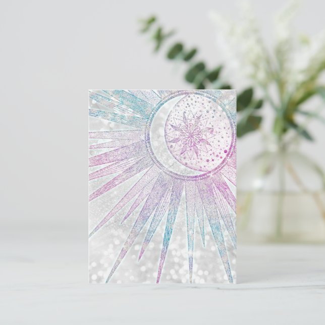 Cartes Pour Fêtes Annuelles Elegant Iridescent Sun Moon Mandala Silver Design (Debout devant)