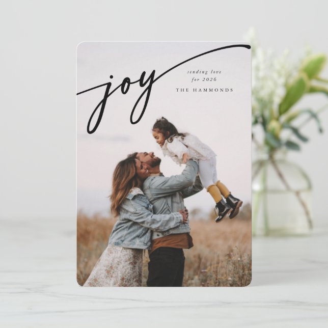 Cartes Pour Fêtes Annuelles Élégant "Joy" Script noir Nouvel An Photo Appartem (Debout devant)