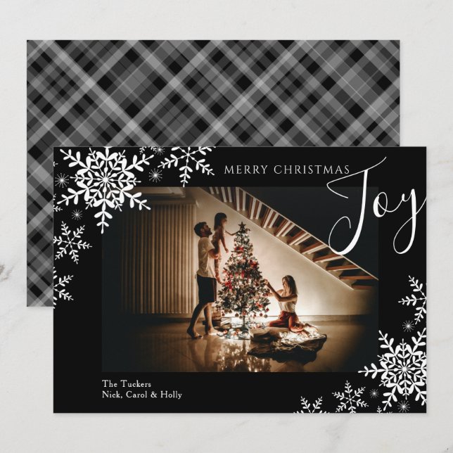 Cartes Pour Fêtes Annuelles Elégant Joy Snowflakes Plaid Joyeux Noël Photo (Devant / Derrière)