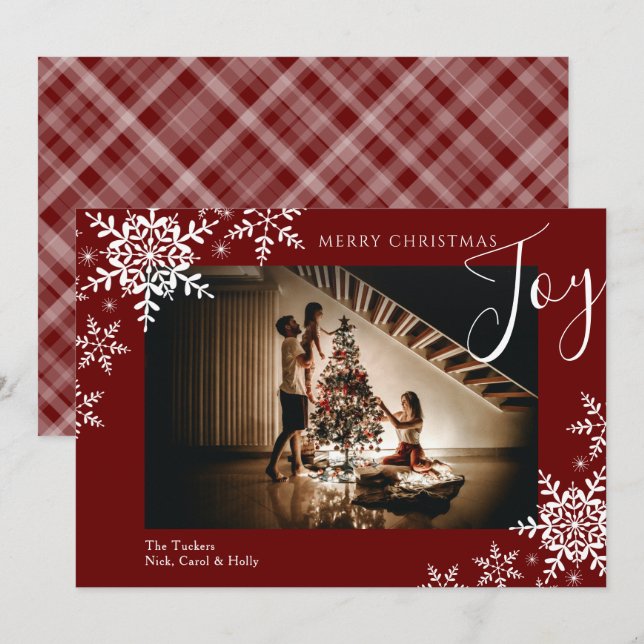 Cartes Pour Fêtes Annuelles Elégant Joy Snowflakes Plaid Joyeux Noël Photo (Devant / Derrière)