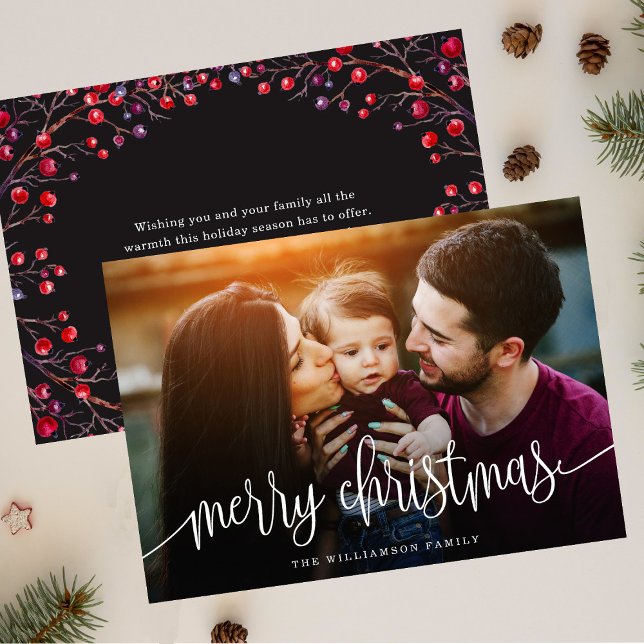 Cartes Pour Fêtes Annuelles Elégant Joyeux Baies de Noël Retour Photo Blanc (Créateur téléchargé)