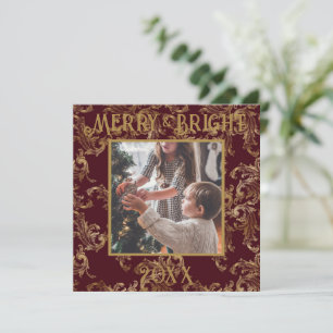 Cartes Pour Fêtes Annuelles Elégant Joyeux & Bright Photo Rouge Or Vintage