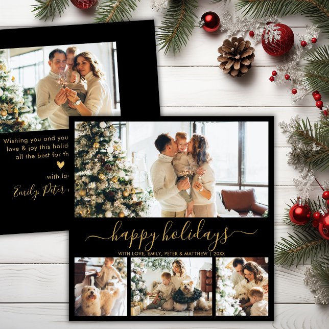 Cartes Pour Fêtes Annuelles Élégant Joyeux Joyeux Script Black Gold 5 Photo (Créateur téléchargé)