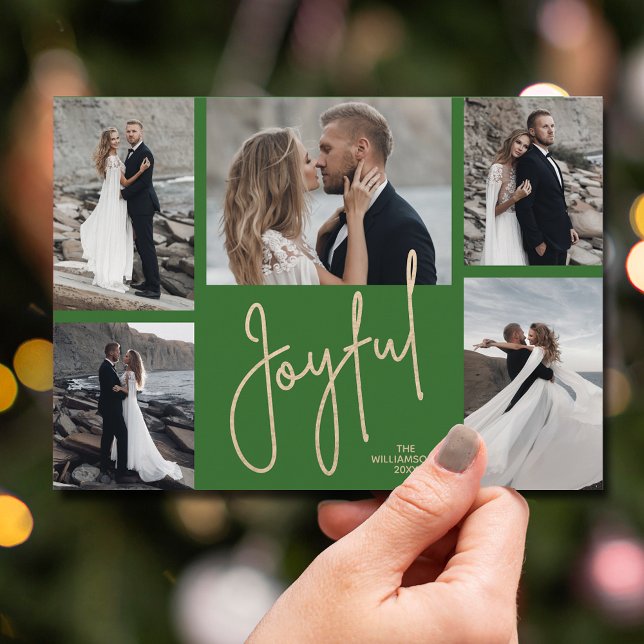 Cartes Pour Fêtes Annuelles Élégant Joyeux Multi Photo Vert Noël (Gold JOYFUL Multi Photo Christmas Holiday Cards - INSTANT DOWNLOAD and/or PRINTED or both!)