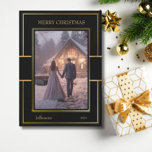 Cartes Pour Fêtes Annuelles Élégant Joyeux Noël Black Gold Couple Photo