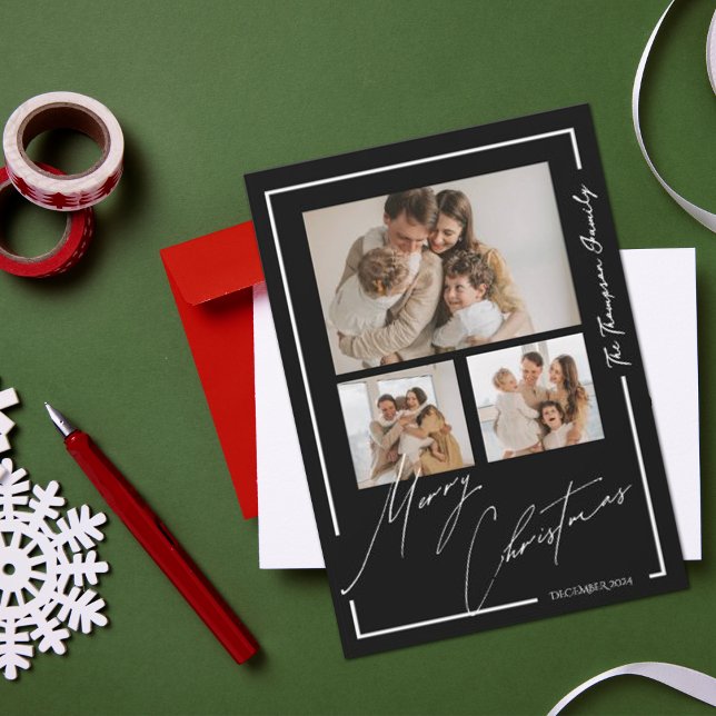 Cartes Pour Fêtes Annuelles Élégant Joyeux Noël Noir Blanc Multi Photo (Elegant Merry Christmas Black White Multi Photo Holiday Card)