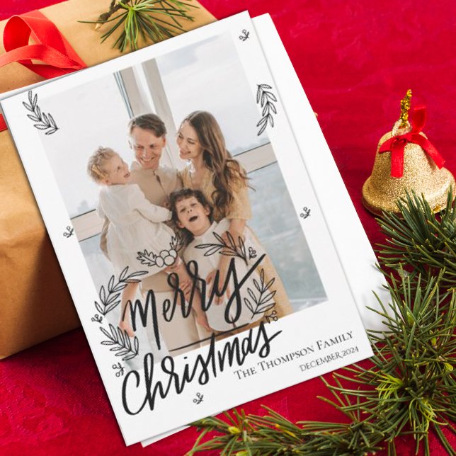 Cartes Pour Fêtes Annuelles Élégant Joyeux Noël noir blanc photo de famille (Elegant Merry Christmas Black White Family Photo Holiday Card)