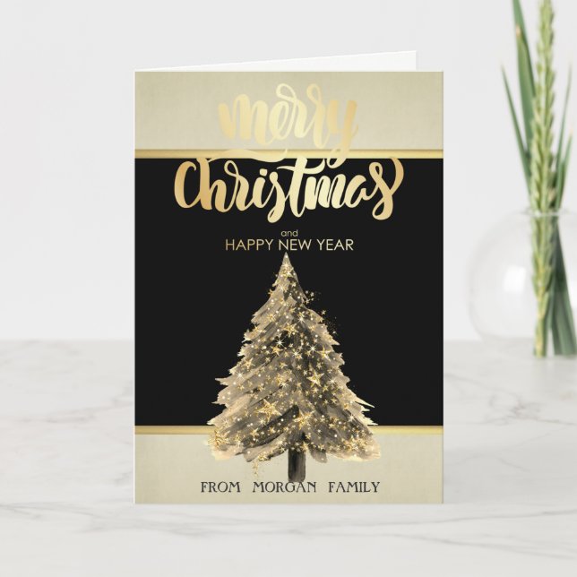 Cartes Pour Fêtes Annuelles Élégant Joyeux Noël, Or Étoiles Arbre de Noël (Devant)