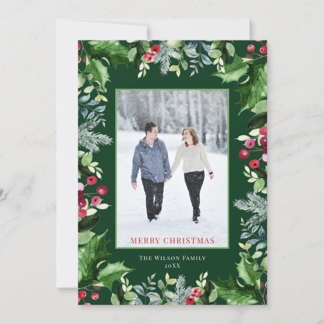 Cartes Pour Fêtes Annuelles Elégant Joyeux Noël Photo Aquarelle Verdure (Devant)