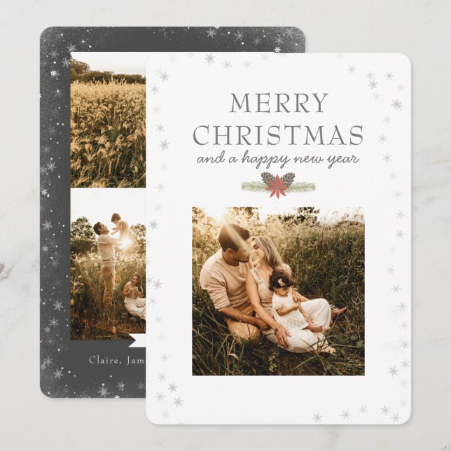 Cartes Pour Fêtes Annuelles Élégant Joyeux Noël Photo Collage Flocon de neige  (Devant / Derrière)