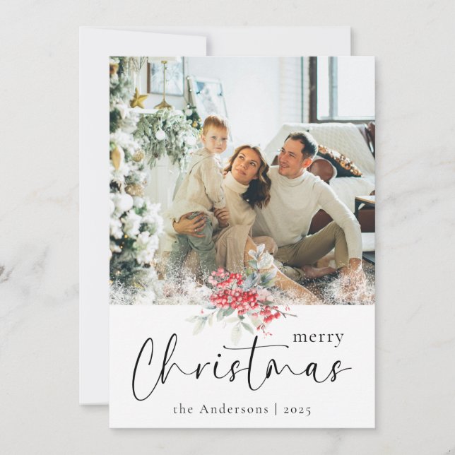 Cartes Pour Fêtes Annuelles Élégant Joyeux Script de Noël | Photo de famille (Devant)