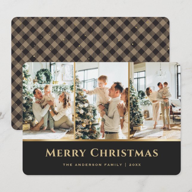 Cartes Pour Fêtes Annuelles Élégant Khaki Gold Buffalo Plaid Photo Noël (Devant / Derrière)