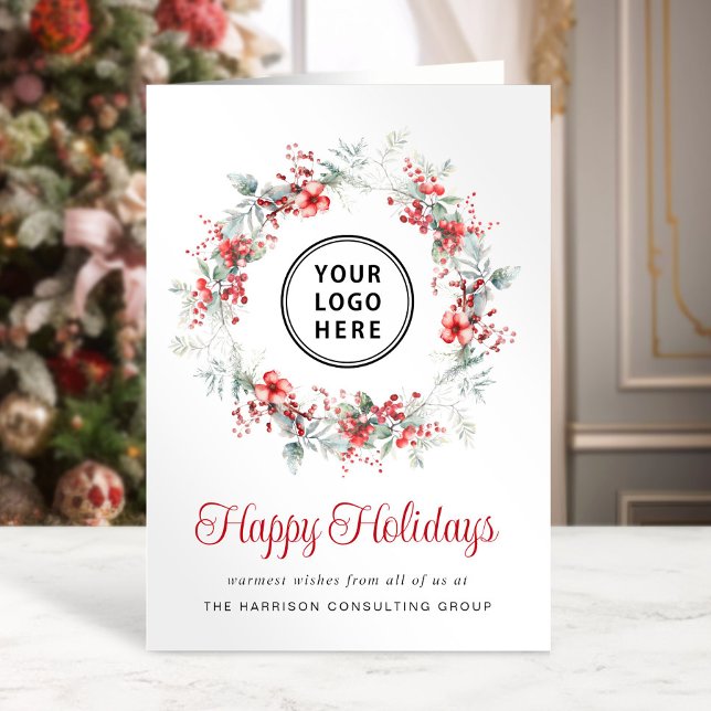 Cartes Pour Fêtes Annuelles Élégant Logo d'entreprise de couronnes QR Code Noë (Spread the joy of the season and strengthen business relationships with our elegant holiday card)