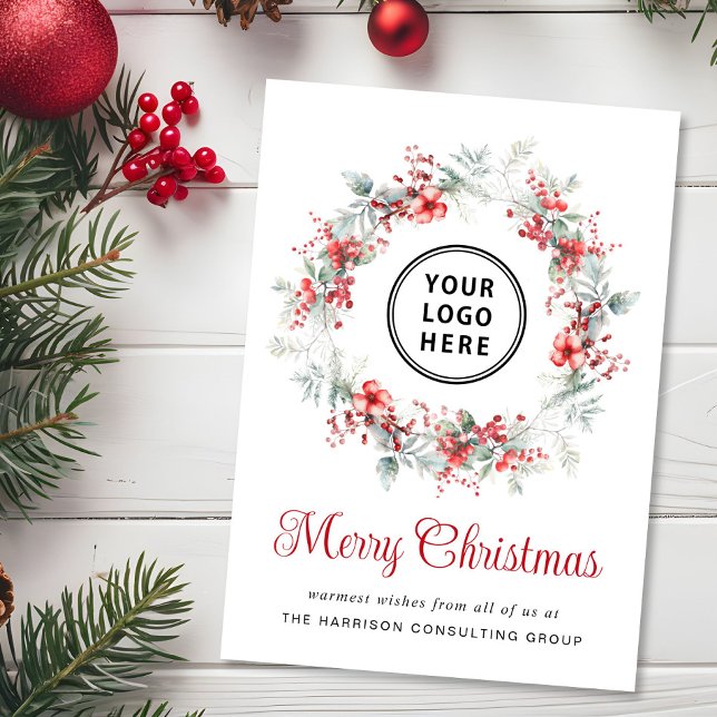 Cartes Pour Fêtes Annuelles Élégant logo d'entreprise Wreath Joyeux Noël (Spread the joy of the season and strengthen business relationships with our elegant holiday card)
