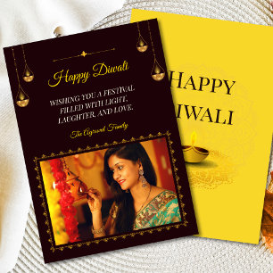Cartes Pour Fêtes Annuelles Elégant Mandala Diya Photo Brown Gold Diwali