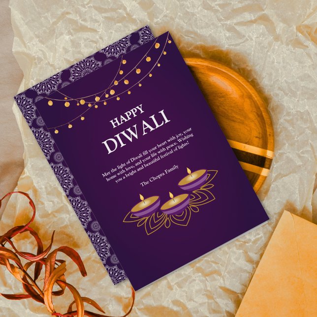 Cartes Pour Fêtes Annuelles Elégant Mandala diyas personnalisé Purple Diwali (Créateur téléchargé)