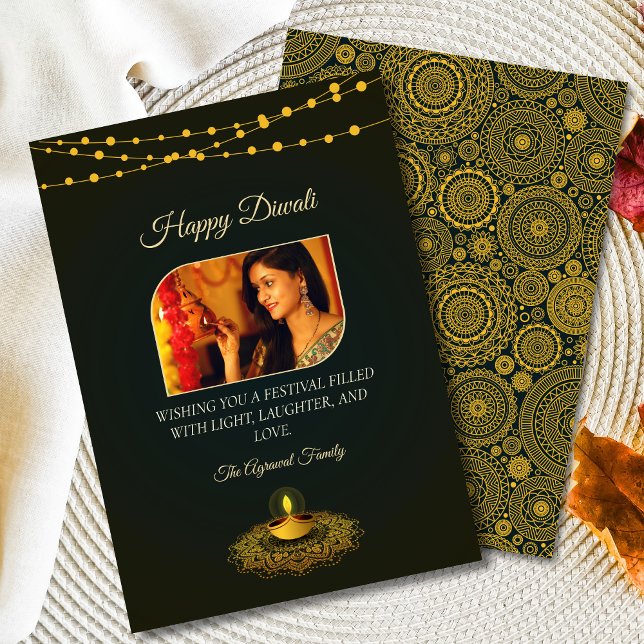 Cartes Pour Fêtes Annuelles Élégant Mandala Photo Green Gold Diwali (Créateur téléchargé)