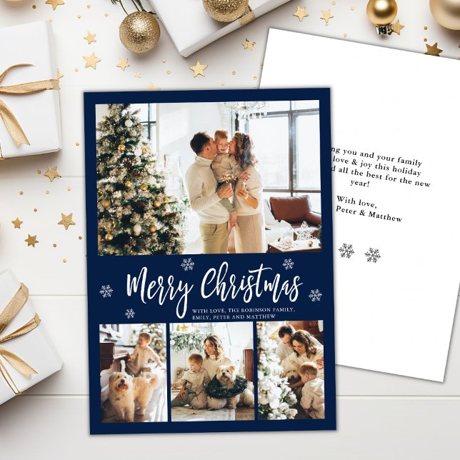 Cartes Pour Fêtes Annuelles Elégant Marine Blanc 4 Photo Collage Noël (Créateur téléchargé)