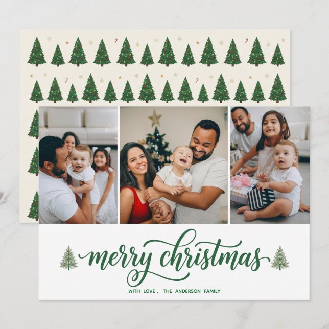 Cartes Pour Fêtes Annuelles Elegant Merry Christmas Family 3 Photos Flat Card (Devant / Derrière)