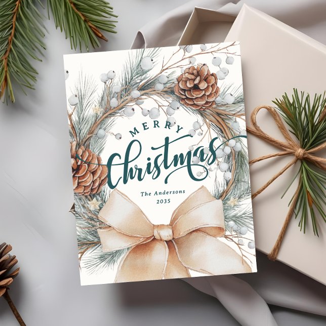 Cartes Pour Fêtes Annuelles Elegant Merry Christmas Script Botanical Wreath  (Créateur téléchargé)