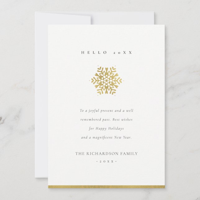 Cartes Pour Fêtes Annuelles Élégant minimal Faux Gold Snowflake Hello 2022 (Devant)