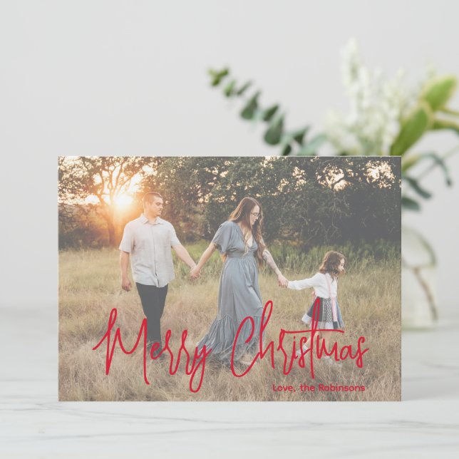 Cartes Pour Fêtes Annuelles Élégant minimal Rouge Script photo moderne Noël (Debout devant)