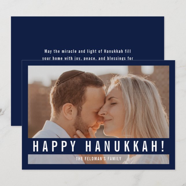 Cartes Pour Fêtes Annuelles Elegant Minimalist Script Happy Hanukkah Photo  (Devant / Derrière)
