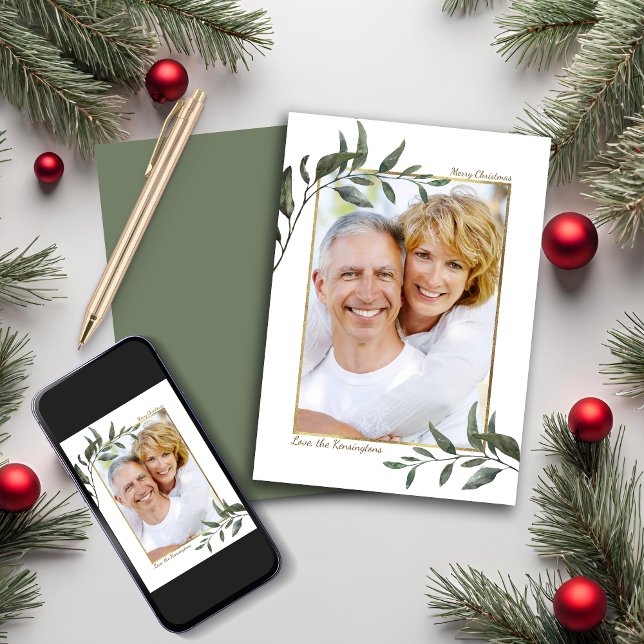 Cartes Pour Fêtes Annuelles Élégant Moderne de verdure Photo de Noël (Elegant Modern Greenery Christmas Holiday Photo Card)
