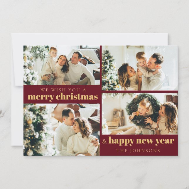 Cartes Pour Fêtes Annuelles Elégant moderne Red Gold 4 Photo Noël (Devant)
