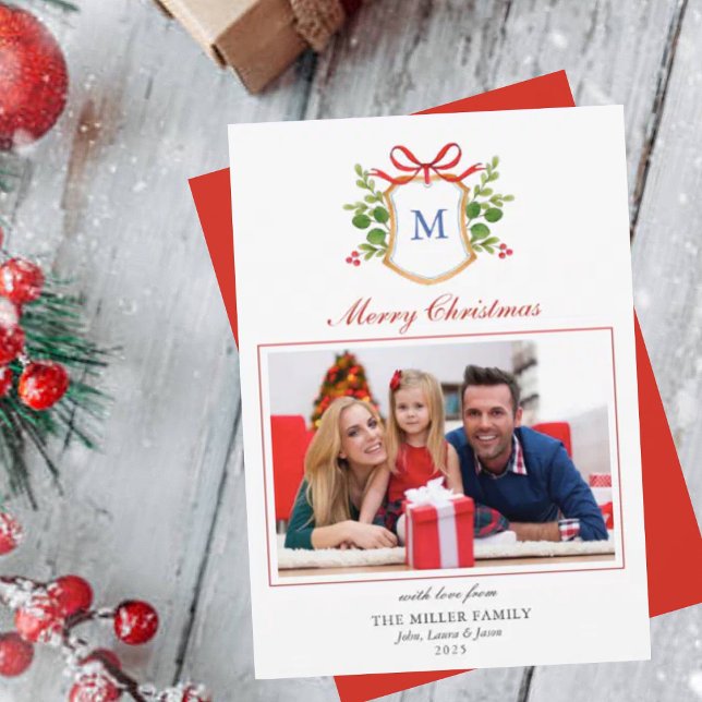 Cartes Pour Fêtes Annuelles Elégant Monogramme Crest Photo Holiday Card (Créateur téléchargé)