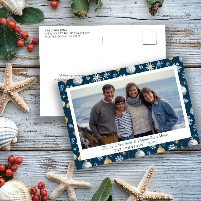 Cartes Pour Fêtes Annuelles Élégant Nautique Snowflakes & Elements Photo (Elegant Nautical Snowflakes and Elements Photo Holiday Postcard)