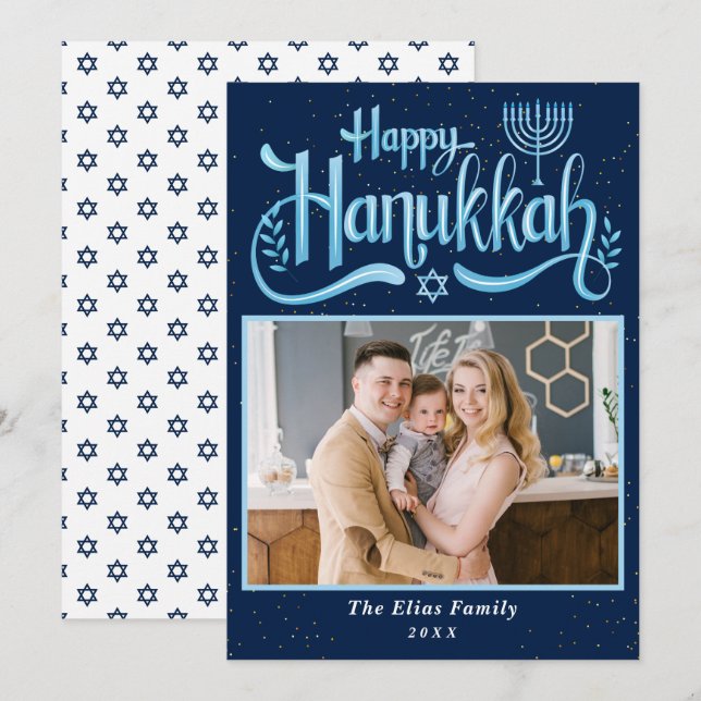 Cartes Pour Fêtes Annuelles Elegant Navy Blue Happy Hanoukka Photo (Devant / Derrière)